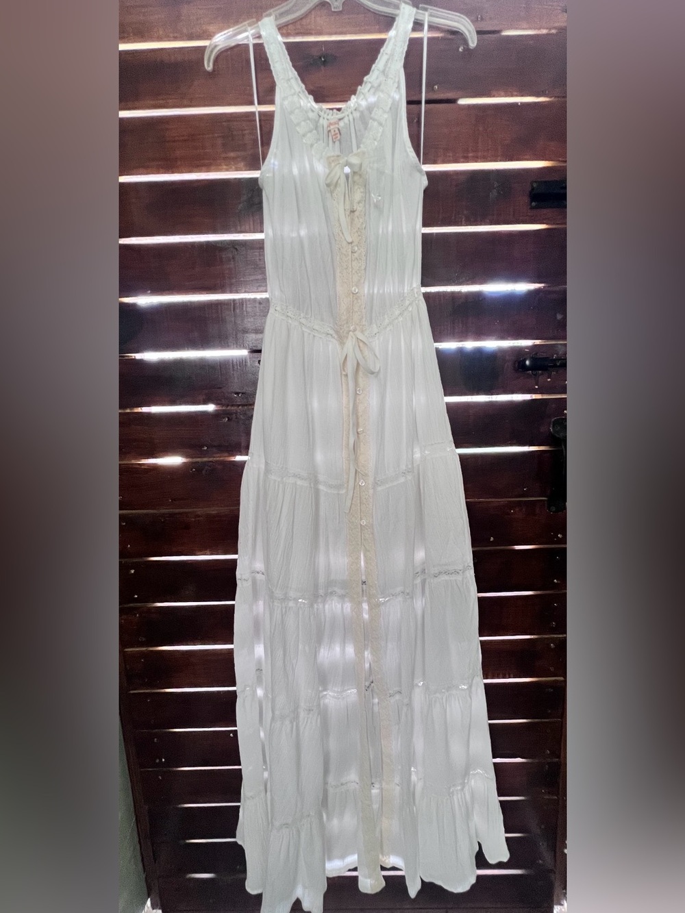 Sleeveless Milk Maid White Maxi Dress in Cotton Gauze w/Slip Panel & Lace Trim